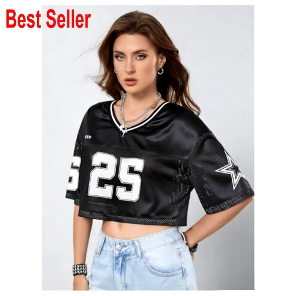 Y2K Graphic Number Tee V Neck Mesh Crop Top Baggy Streetwear Jersey Shirt - Picture 4 of 7